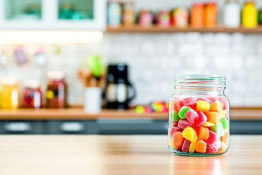 Multicolored candies fill a clear jar on a kitchen counter.