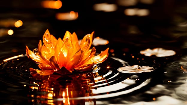 Golden lotus flower floating on tranquil waters with reflections.
