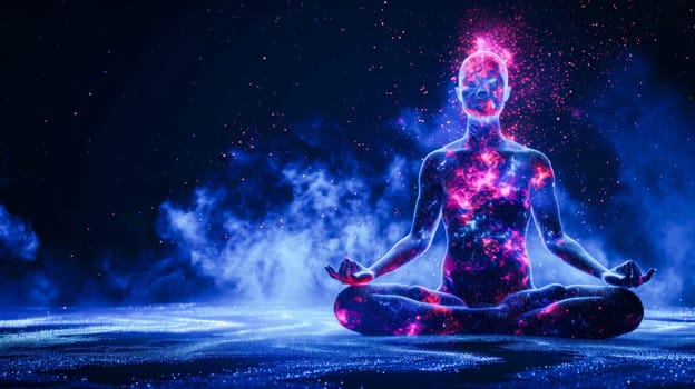 A human silhouette meditating in cosmos with stars, embodying tranquility.