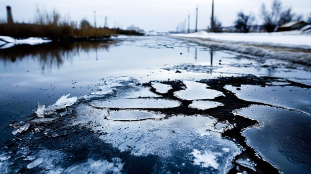 Close-up of a winter road with potholes and ice cracks - a stark reminder of destruction