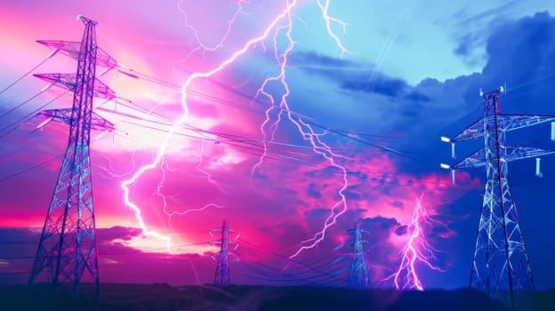 Lightning strikes illuminating the sky above electricity pylons at dusk.