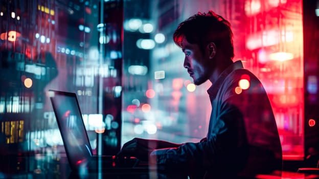 A man works on his laptop, illuminated by the neon glow of a bustling cityscape at night. well-suited for articles on urban life, technology in modern society, and the concept of the work-life balance