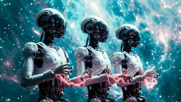 Three advanced humanoid robots with intricate circuitry, against a cosmic backdrop.