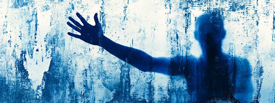 A silhouette of a person reaching out, seen through a textured, blue-hued glass surface.Can be used in themes of psychological and social connection, as a metaphor for isolation or communication.