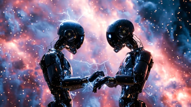 Two humanoid robots with dynamic sparks between them against a celestial backdrop.