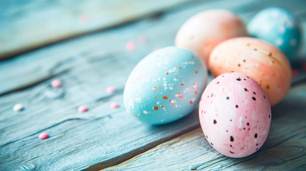Easter eggs on wooden background natural lighting .