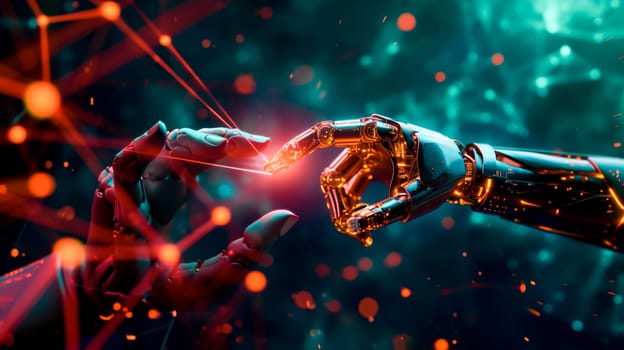 Touch of Creation. robots' hands are about to touch against a neon crystal lattice background