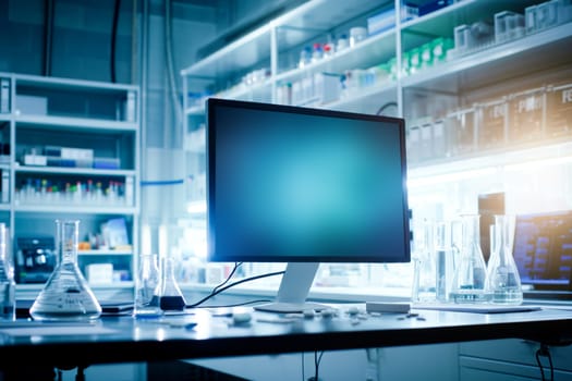 Laboratory flasks and computer in a scientific setting.