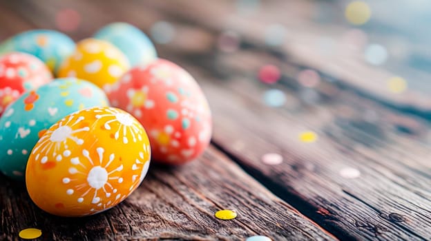 Sunlit Easter Eggs on Wooden Surface . Colorful Easter eggs on rustic wood in sunlight