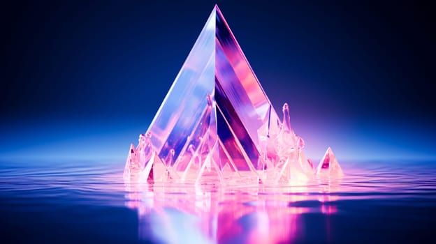 A majestic crystal prism reflecting pink and blue hues on a mirrored water surface. for use in artistic compositions or abstract backgrounds