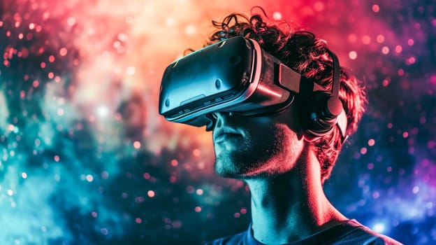 A person in a headset immersed in a vibrant cosmic environment, exploring virtual reality.