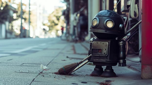 A small robot sweeping the sidewalk, evoking a sense of urban solitude.Can illustrate articles on urban maintenance or robotics.