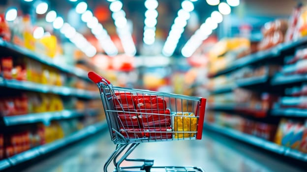 Shopping Cart against a blurred supermarket background.