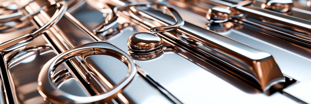 Metal Symphony. An array of metallic objects with reflective surfaces creating an industrial panorama.musical background