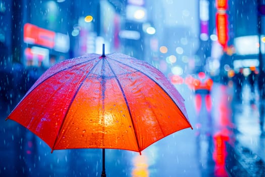 a red, rain-soaked umbrella with the bright lights of the city reflected on its wet surface.Great for mood pieces or city life features