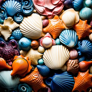 A colorful assortment of seashells presenting a rich texture and variety.for designs or backgrounds.