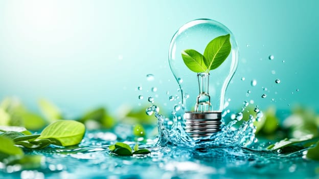 A light bulb with green leaves and splashing water, symbolizing eco-friendly ideas. for environmental campaigns or eco-friendly concept illustrations