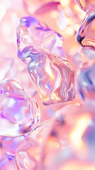 Close-up of translucent ice crystals with a dreamy, iridescent glow.for backgrounds or textures in design projects.