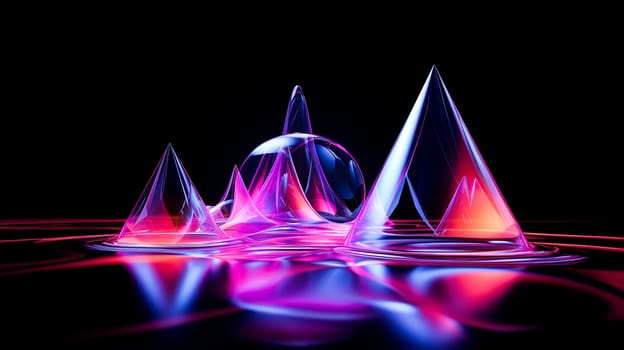 Prismatic crystals rise from reflective waters, casting pink and blue hues.abstract background