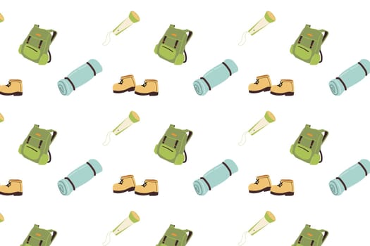 Hand drawn summer camping equipment seamless pattern. Vector illustration can used for childish wallpaper, wrapping paper, textile, poster, bedclothes.