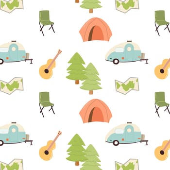 cute childish seamless pattern with camping trailer and tent. Vector illustration isolated. Can used for boys textile, poster, cartoon tent, trailer, guitar, chair, map, forest. Adventure background.