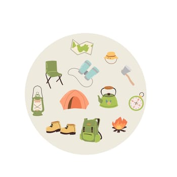 Round background of camp equipment. Vector illustration of backpack, kettle, tent. hiking boots, rope, fire.
