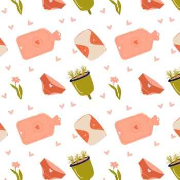 Warm and panties and other supplies in period seamless pattern with heart and flowers. Vector illustration woman healthy care.
