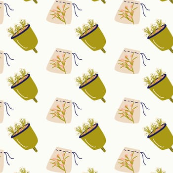 menstrual cup and small bag reusable items seamless pattern. Vector illustration of reusable womans supplies in periods. Woman healthy background.