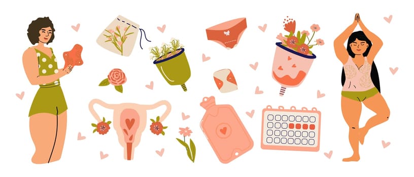 female healthy concept of mentstrual reusable equipment. Vector illustration of women, calendar, warmer, menstrual cup, reproductive system, panties and flowers, leaves.