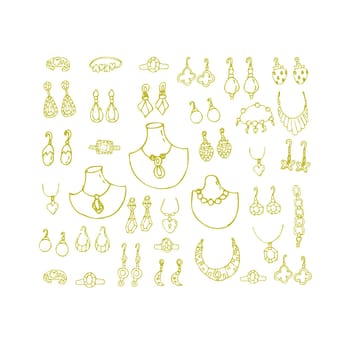 Hand drawn jewerly of pendants, diamond ring - square set. Vector illustration isolated. Can used for greeting card, beauty banner, posters, clothes print.