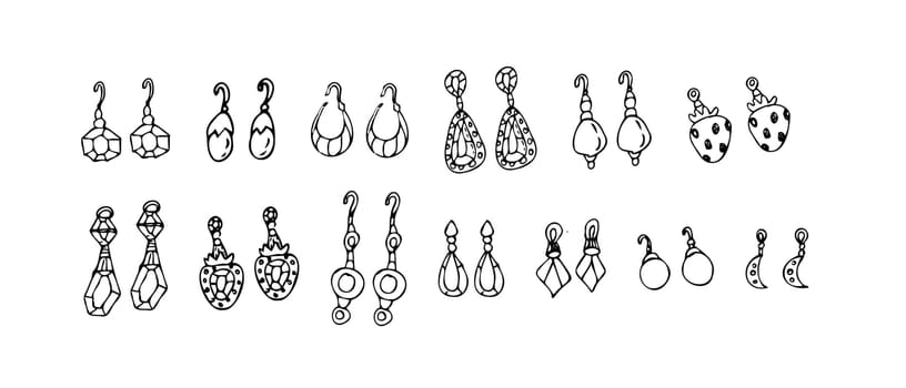 Hand drawn jewerly set of diamond earings. Vector illustration isolated. Can used for greeting card, beauty banner, posters, clothes print.