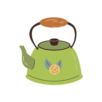 Hand drawn green kettle with flower decor. Vector illustration can used for vintage background, postcard, greeting card.