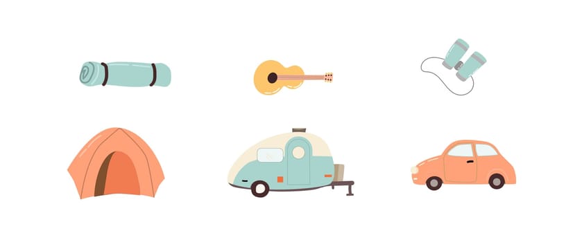 Hand drawn automobile and trailer and camp equipment. Vector illustration of travel supplies and transport. Outdoor recreation elements.