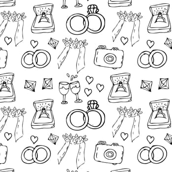 Hand drawn wedding outline doodle seamless pattern of jewerly and bridal. Vector illustration of wedding ceremony items in hand drawn doodle sketch style for textile, wrapping paper, poster.