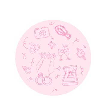 Hand drawn wedding outline doodle icons round background of jewerly and bridal. Vector illustration of wedding ceremony items in hand drawn, for greeting card, invitation, save and date card.