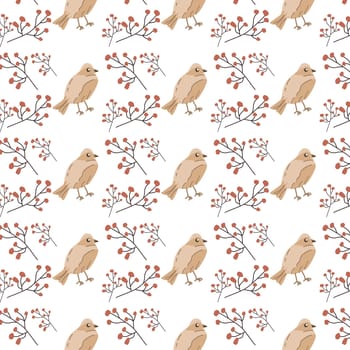 Adorable bird with floral elements - seamless pattern. Vector illustration can use for wallpaper, poster, print. Autumn colors.