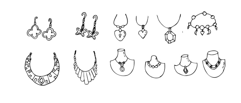 Hand drawn jewerly set of diamond pendants and other jewel supplies. Vector illustration isolated. Can used for greeting card, beauty banner, posters, clothes print.