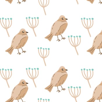 Autumn bird with floral elements - seamless pattern. Vector illustration can use for wallpaper, poster, print.