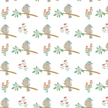 Adorable bird with floral elements and flower - seamless pattern. Vector illustration can use for wallpaper, poster, print.