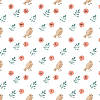 Adorable bird with floral elements - seamless summer pattern. Vector illustration can use for wallpaper, poster, print. Pink flower and leaves with bird.