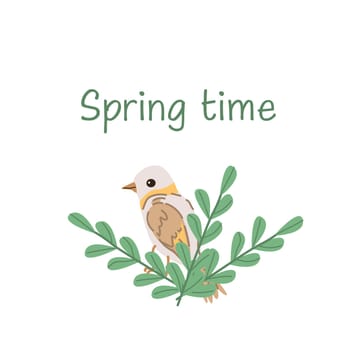 spring time lettering and cute bird and branch with leaves. Vector illustration isolated. Can used for wallpaper, poster, print design for cloth.