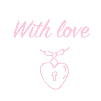 card with love lettering and locket with heart lock - or design for t-shirt. Vector illustration isolated in pink color. Pastel pink lettering and necklace for print, textile, poster, greeting card.