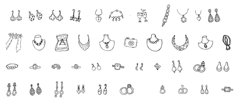 Hand drawn jewerly set of diamond necklace, ring and other jewel supplies, wedding items. Vector illustration isolated. Can used for greeting card, beauty banner, posters, clothes print.