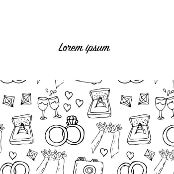 Hand drawn wedding outline doodle banner of jewerly and bridal. Vector illustration of wedding ceremony items in hand drawn doodle sketch style for banner template.