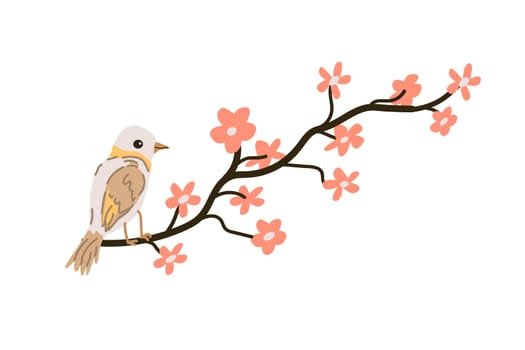 spring bird sitting on cherry blossom branch. Vector illustration isolated. Can used for wallpaper, poster, print design for cloth.
