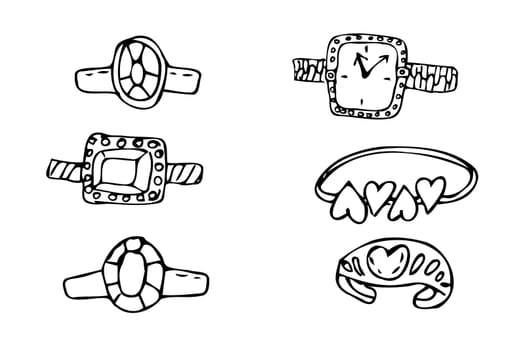 Hand drawn jewerly ring and watch set. Vector illustration isolated. Can used for greeting card, beauty banner, posters, clothes print. Sketch style.
