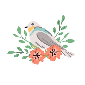 spring or summer bird with floral elements design for greeting card. Vector illustration isolated. Can used for wallpaper, poster, print design for notebook cover, clothes.