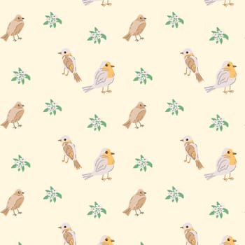 Adorable bird with floral elements - seamless minimalistic pattern. Vector illustration can use for wallpaper, poster, print.