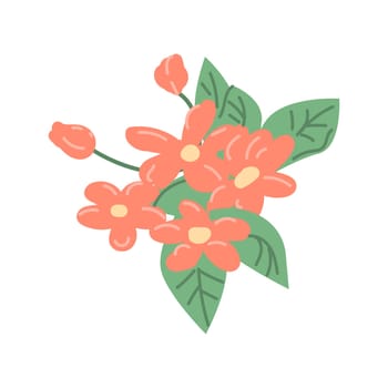 Hand drawn spring flower with leaves - red vector illustration. Can used for decoration banner, greeting card, invitation decor.