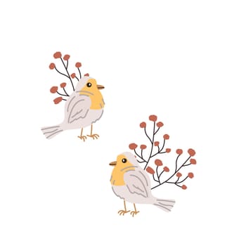 spring bird and autumn branch on white background for greeting card, cover design. Vector illustration isolated. Can used for wallpaper, poster, print design for cloth.